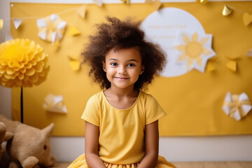 Cute African American girl in yellow dress sitting on floor, child cancer fight day concept