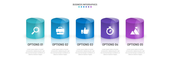 Timeline infographic with infochart. Modern presentation template with 5 spets for business process. Website template on white background for concept modern design. Horizontal layout.