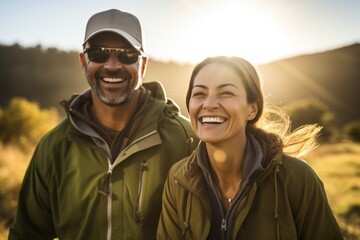 Fototapeta premium Portrait of happy couple looking at camera on a hike in the countryside