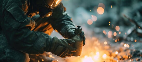 Individual completing unauthorized explosive device.