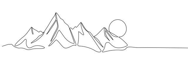 Continuous linear drawing of abstract landscape on a mountain range background, with setting sun. High mountains and sun in a simple linear style. Winter sports concept. Vector illustration.