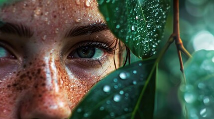 woman's face framed by misty morning dew in a garden, nature background generative ai