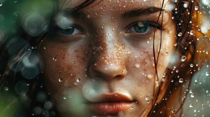 woman's face framed by misty morning dew in a garden, nature background generative ai