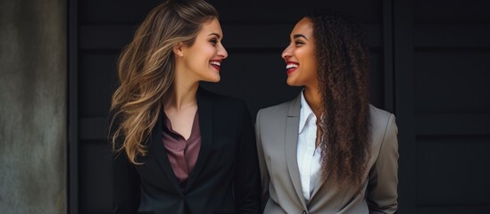 Multicultural women in suits happily gazing at one another.