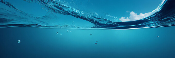 Welle auf bewegter Wasseroberfläche, Nahaufnahme in der Mitte des Bildschirms. Unter der Wasseroberfläche mitten im Meer - obrazy, fototapety, plakaty