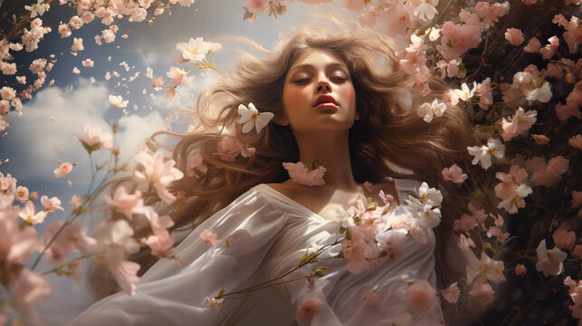 Spring feeling fresh good smells of cherry blossoms with a beautiful young woman for parfume, fabric softener or drogerie background