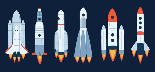 Rockets and spaceships flat vector illustrations set. Space shuttles for universe exploration and interstellar travel.