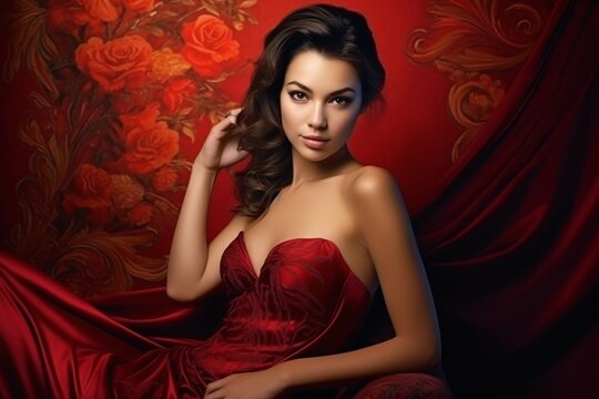 Portrait of a woman. Beautiful girl in red dress photo shoot red studio background. Saint Valentine.
