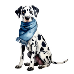 cute dalmatian dog wearing scarf, graphic resources with transparent background, animal watercolor drawing