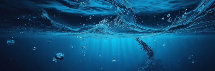 Transparentes, klares Wasser im Pool. Unterwasserfoto des Regulierungsbeckens. Hintergrund des blauen Wasserbeckenbodens. Sommerthema. - obrazy, fototapety, plakaty