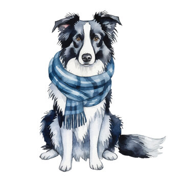 cute border collie dog wearing scarf, graphic resources with transparent background, animal watercolor drawing