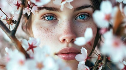 woman's face surrounded by cherry blossoms, springtime background generative ai