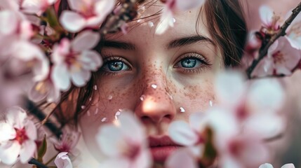 woman's face surrounded by cherry blossoms, springtime background generative ai - obrazy, fototapety, plakaty