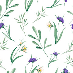 Watercolor drawing of purple berries and yellow flowers on a white background. Seamless pattern.