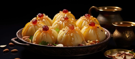 Indian sweet dumpling made with semolina, ghee, and dry fruits  offered to God Ganesha during the Ganesh Chaturthi festival. © The 2R Artificiality