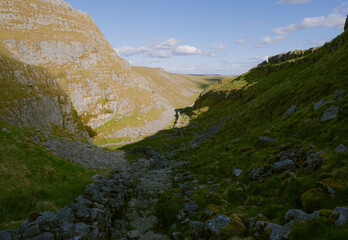 Looking down the valley with a stone wall cutting through in Malham, Yorkshire