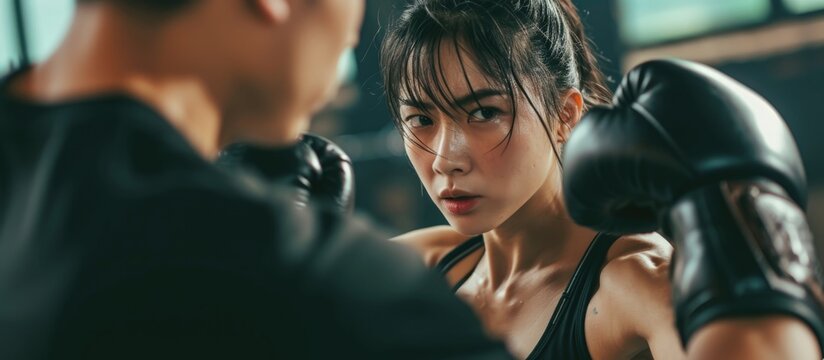 Young Asian woman practicing self-defense at the gym with a male trainer, using boxing gloves and working on uppercut punches during kickboxing training.