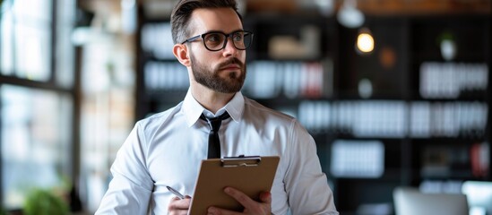 Fototapeta premium Male support agent with clipboard in office.