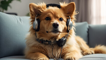 cute dog wearing headphones in the room