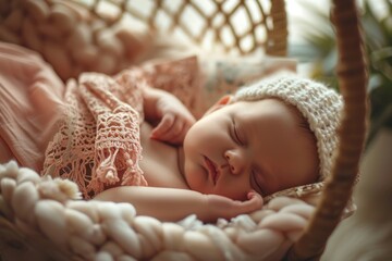 An adorable image featuring a sleeping baby in a pink cradle, showcasing the innocence and beauty of early childhood.