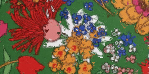 Oil painting and various flowers, chrysanthemums, roses, peonies
