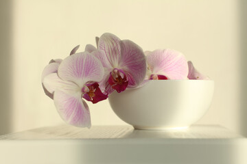 Pink phalaenopsis orchid flower in bowl on beige. Selective soft focus. Minimalist art still life....