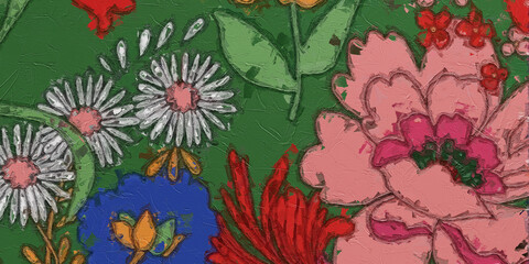Fototapeta na wymiar Oil painting and various flowers, chrysanthemums, roses, peonies