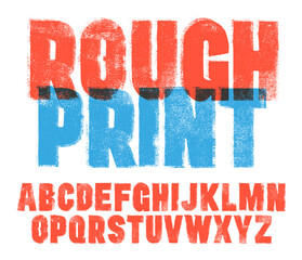 Letterpress Font with a Rough Mis-printed Letterpress and Rolled Ink texture. Bold condensed font. Highly detailed individually textured characters 