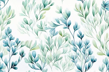 Fotobehang Seamless watercolor pattern with teal and green sea weeds on white background. Design for textile, wallpaper, wrapping paper, stationery. Poster for ocean-themed interior. © NeuroCake