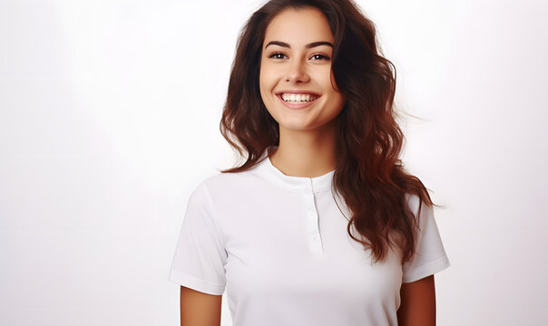 Happy Woman In White Polo Shirt On A White Background