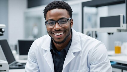 Black male scientist with glasses smiling in a well-equipped laboratory with scientific instruments. - obrazy, fototapety, plakaty
