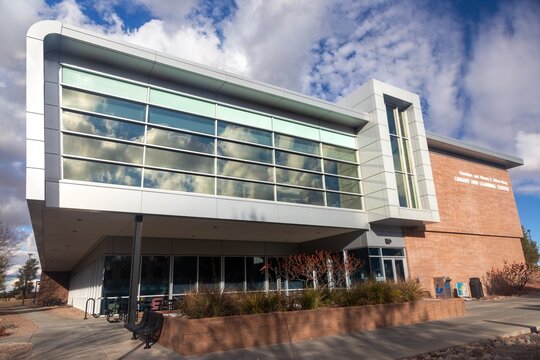 Prescott, Arizona, USA - December 20, 2023: University Library Modern Building Exterior Facade at Famous Embry Riddle Aeronautical Engineering Campus