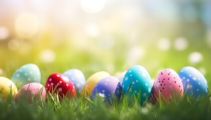 Fototapeta na wymiar colorful Easter eggs in green grass and flowers over nature blurred bokeh background daylight