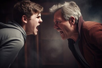 Family conflicts concept. Angry father scolds teen son. Adult man yells at boy. Rough parenting. - obrazy, fototapety, plakaty