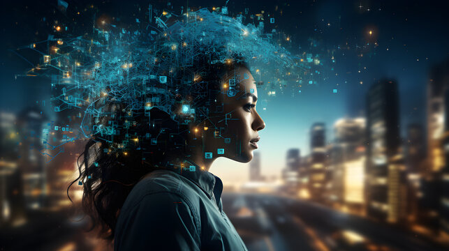 Conceptual photo of a person's silhouette filled with interconnected technology icons, representing the digitization of personal identity,