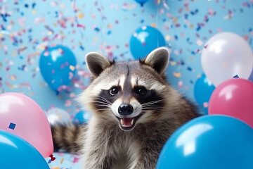 Raccoon on a blue background surrounded by multicolor balloons and confetti. Festive concept