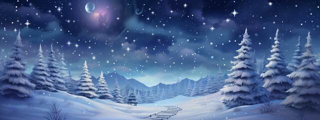 Winter landscape with snowy fir trees and starry sky. Vector illustration.