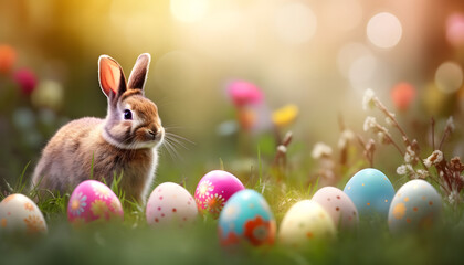 colorful Easter eggs and hare in green grass and flowers over nature blurred bokeh background daylight