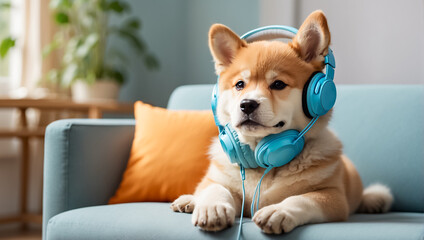 cute Akita Inu dog wearing headphones in the room banner