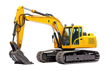 Small or mini yellow excavator isolated on white background. Construction equipment for earthworks in cramped conditions. Rental of construction equipment - obrazy, fototapety, plakaty