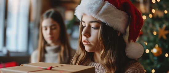 Teen girl in Santa hat holds a box, while her mom closes her eyes. - Powered by Adobe