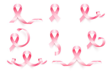 Vector Realistic Pink Ribbon Set, Breast Cancer Awareness Symbol. Realistic Pink Ribbon Set for Breast Cancer Awareness. A Symbol of Hope, Strength, and Solidarity