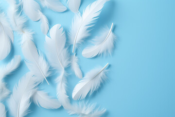 White fluffy feathers on light blue background. Generative AI.