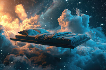 Bed floating in space, dream concept - obrazy, fototapety, plakaty
