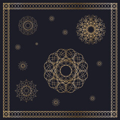 Gold frame and set of gold ornaments on a dark background. Templates. Vector illustration.