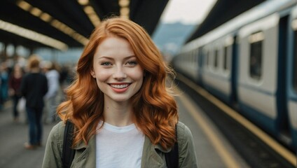 Red-haired young woman smiling at the camera at a busy train station with passengers and a train in the blurred background.
