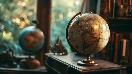 old, ancient, globe on the table, wooden desk, in the classroom, geography, 