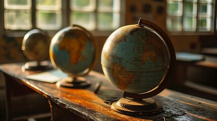 old, ancient, globe on the table, wooden desk, in the classroom, geography, 