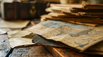 stack of old vintage maps on the wooden desk nautical, geographical