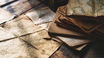 stack of old vintage maps on the wooden desk nautical, geographical - obrazy, fototapety, plakaty